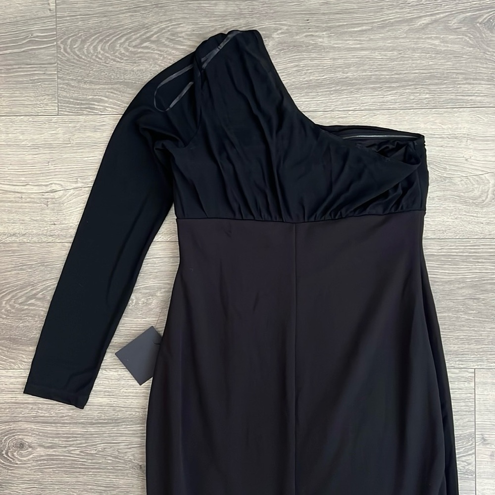 Lulus Stunning Essence One Shoulder Mermaid Maxi Dress Large Black Slit Mesh NWT - Picture 11 of 12